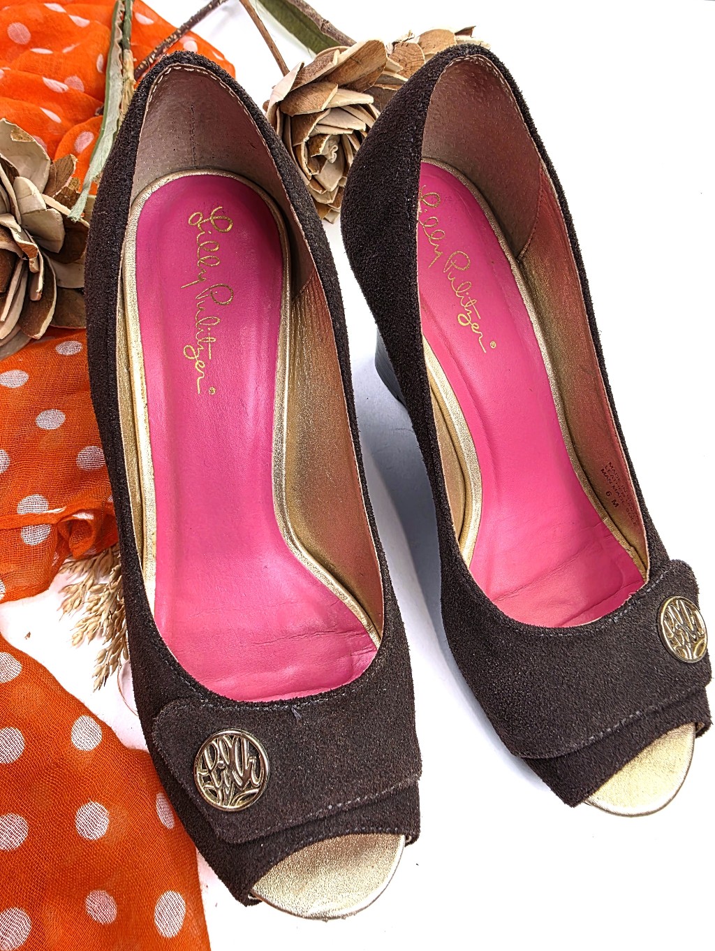 Lilly Pulitzer Brown Suede Peep-Toe Wedges Sz 6